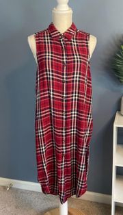 Red Plaid Button Front Sleeveless Tunic Tank