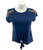 W5 Anthropologie Navy Floral Embroidered Tie Front Short Sleeve Top Small