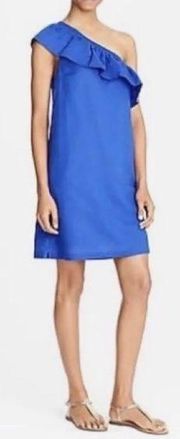 J. Crew Dress Womens Blue Linen Blend One Shoulder Shift Size Small