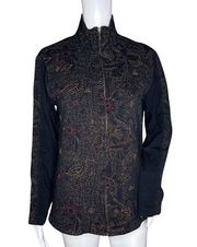Chicos Shirt Women Medium Black Floral Embroidered Spa Zip Up Sweatshirt Classic