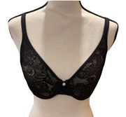 Adore Me Black Lace Bra 34C Floral Design Pearl Accent NWT