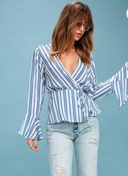 Lulus  Love is Enough Blue and White Striped Wrap Top bell sleeves size XS