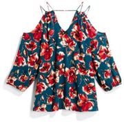 HP! Skies Are Blue Blue, Red, & Cream Floral Strappy Cold Shoulder Blouse (XS)