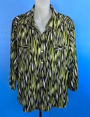 Notations Petite Blouse Long Sleeve Green/Black Button Down Size PXL