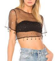 H:ours Roux Crop Top Black Size XS Sheer Bralette Gold Stars Revolve NEW no Tag