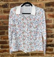 Allegra K White Floral Long Sleeve Button Down Shirt Women's Size XS