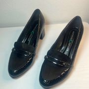 Andrew Geller Black Croc Embossed Patent Leather Buckle Detail Heeled Pump Jenna