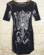 Rue 21 Skeleton Print Mini Dress Womens Size M Black ¾ Sleeves Bodycon Goth Rock