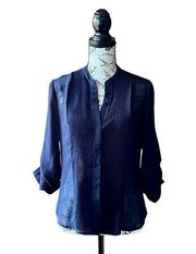 Fate womens navy blue sheer button down pleated lightweight blouse S