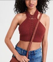 American Eagle Burnt Orange Crotchet Crop Top Halter Shirt Size Large