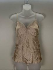 Y2K Silk Blend Gold Metallic 90s Lace Trim a cami Tank Top Shirt size Small