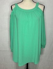 Kaari Blue Green Tie Neck 3/4 Sleeve Cold Shoulder Top Blouse Size M