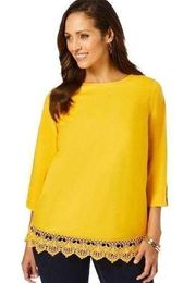 1479 Jessica London ￼Marigold Yellow Lace Trimmed Blouse Stretch Size￼ 20W