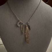 Vintage American Eagle Long chain with silver feather, crystal moon, and horn