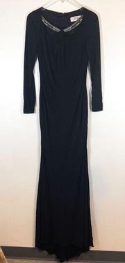 Badgely Miscka black evening gown rhinestone cut outs long sleeve couture size 8
