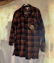 New York Laundry 1X Plaid Flannel Shirt with Camping Patch