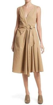 DEREK LAM 10 CROSBY Cotton Poplin Gathered Wrap Dress Sleeveless Camel Tan 4 EUC