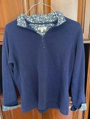 Quarter Zip Sweater with Flip Cuffs Blue and White Flower Design