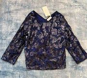 NWT! La Bellum Hillary Scott Indigo Sequin Lace Tie Neck Blouse 2x