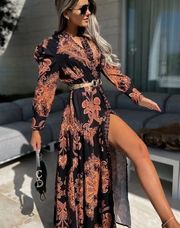 🌺 PAISLEY DRESS LONG SLEEVE MAXI BUTTON DOWN OPENS UP CHIC CLASSY RUFFLE AYBA