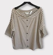 Brown Striped Boat Neck Blouse with Button Up Design