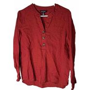 Ellen Tracy 100% Linen Red Blouse Top popover Shirt Big Wooden Buttons sz M