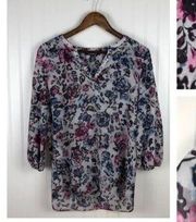 Chaps Multi Grey Floral Quarter Sleeve Popover Blouse Sz S