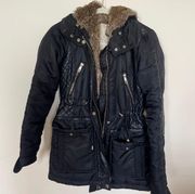 Black Leather Panel Parka Coat With Fur Hood