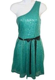 Lily Rose One Shoulder Sequin Dress Mini Teal Green Ribbon Belt Juniors XL