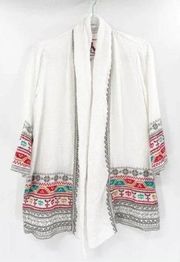 Johnny Was LA White Linen Multicolor Embroidered Open Front Kimono Jacket S