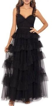 BETSY & ADAM Tiered Ruffle Tulle Gown in Black Size US 6