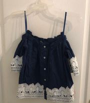 🍒loveJ Navy Lace Off-Shoulder Peasant Blouse