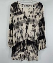 Button Down Tunic Shirt Crinkle Gauze Tie Dye Gray Cream medium