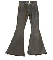 Free People  Black Denim Flare Jeans Raw Hem Large Flare Hippie Size 25
