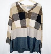 Entro V-neck Knit Colorblock Plaid Sweater Womens Size Large Tan Blue Pullover