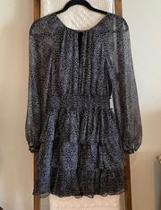 NWOT Cinq a Sept black & grey abstract print tiered long sleeve dress