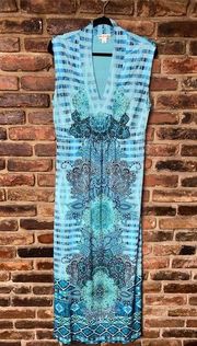 One World World Unity Blue Printed Sleeveless Maxi Dress Women's SIze Large