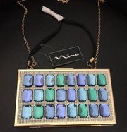New Nina Blue & Green Jewels on Gold Evening Bag