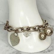 Chico's Silver Tone Beaded Heart Charm Toggle Bracelet