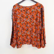 J Jason Wu Long Sleeve Foil Print Woven Blouse w/ Lace Trim Size 2X Orange Red