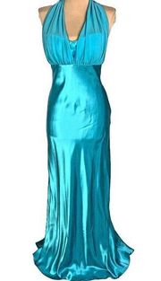 Betsy & Adam Turquoise Satin Glam Halter Long Gown Prom Formal Sleeveless Size 8
