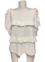 Ulla Johnson Cream Fringe Short Sleeve Knit Sweater Size Small