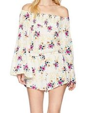 Rip Curl Women's S Off Shoulder Smocked White Floral Romper Long Bell Sleeve New