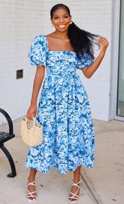 Emerson Poplin Puff Sleeve Midi Dress Blue Floral