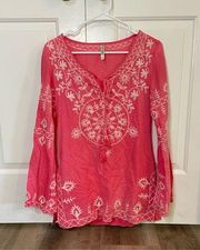 Monoreno Boho Pink Embroidered Long Sleeve Blouse Size S