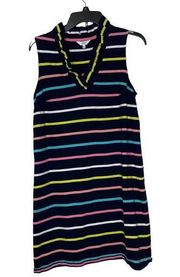 Crown & Ivy Ruffle V-Neck Navy Striped Sleeveless Dress Casual Career Job Medium