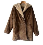 Vintage Express Suede Leather Parka Jacket Hooded Faux Fur Lining Oversized OS