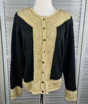 DRESS BARN Vintage 80's Cardigan Sweater Black & Gold Beaded-Large
