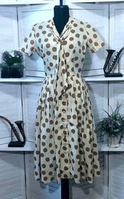 Vintage 50s 60s Audrey Hepburn full swing cream brown polka dot midi dress Sz M