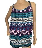 Piper and Blue Geometric Patterned Rope Strapped Tank Top With Ruched Bottom